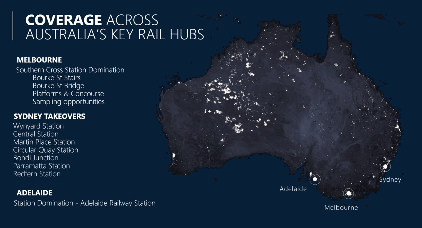 JCDecaux Australia station dominations - branded train station advertising