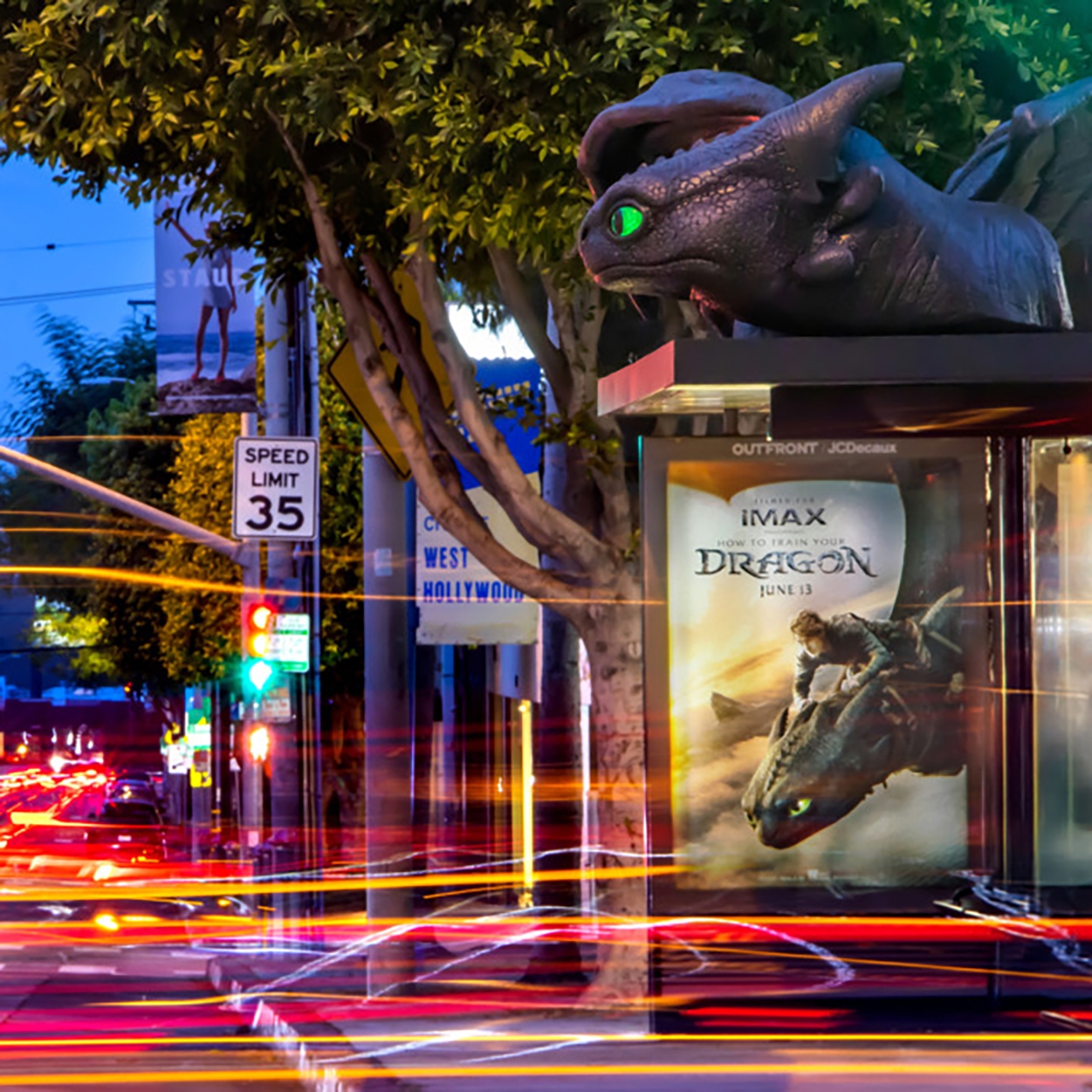 A campaign for the movie Dragons on a JCDecaux Bus Shelter in Los Angeles