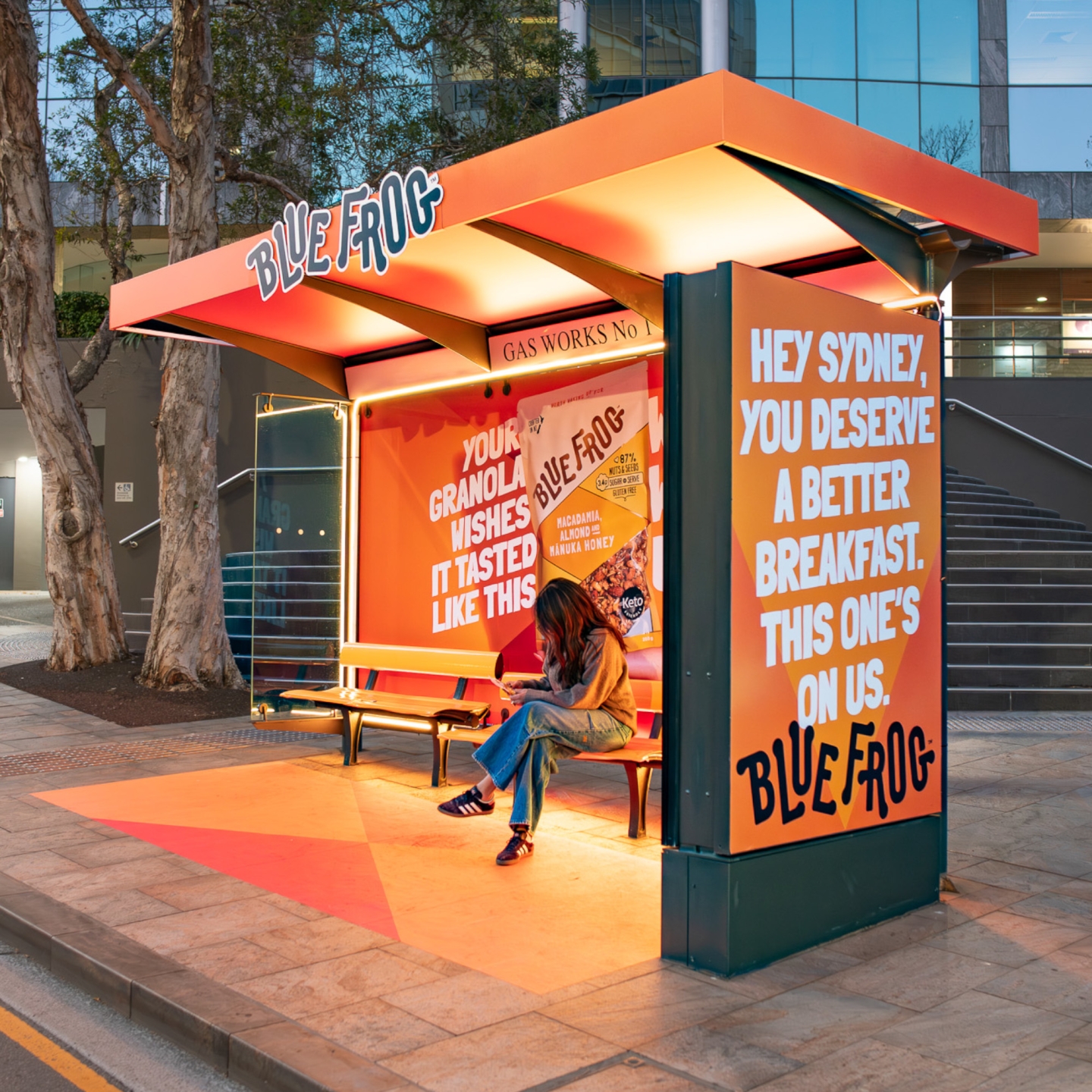  bus shelter JCDecaux for Blue Frog Breakfast Campaign in North Sydney Australia