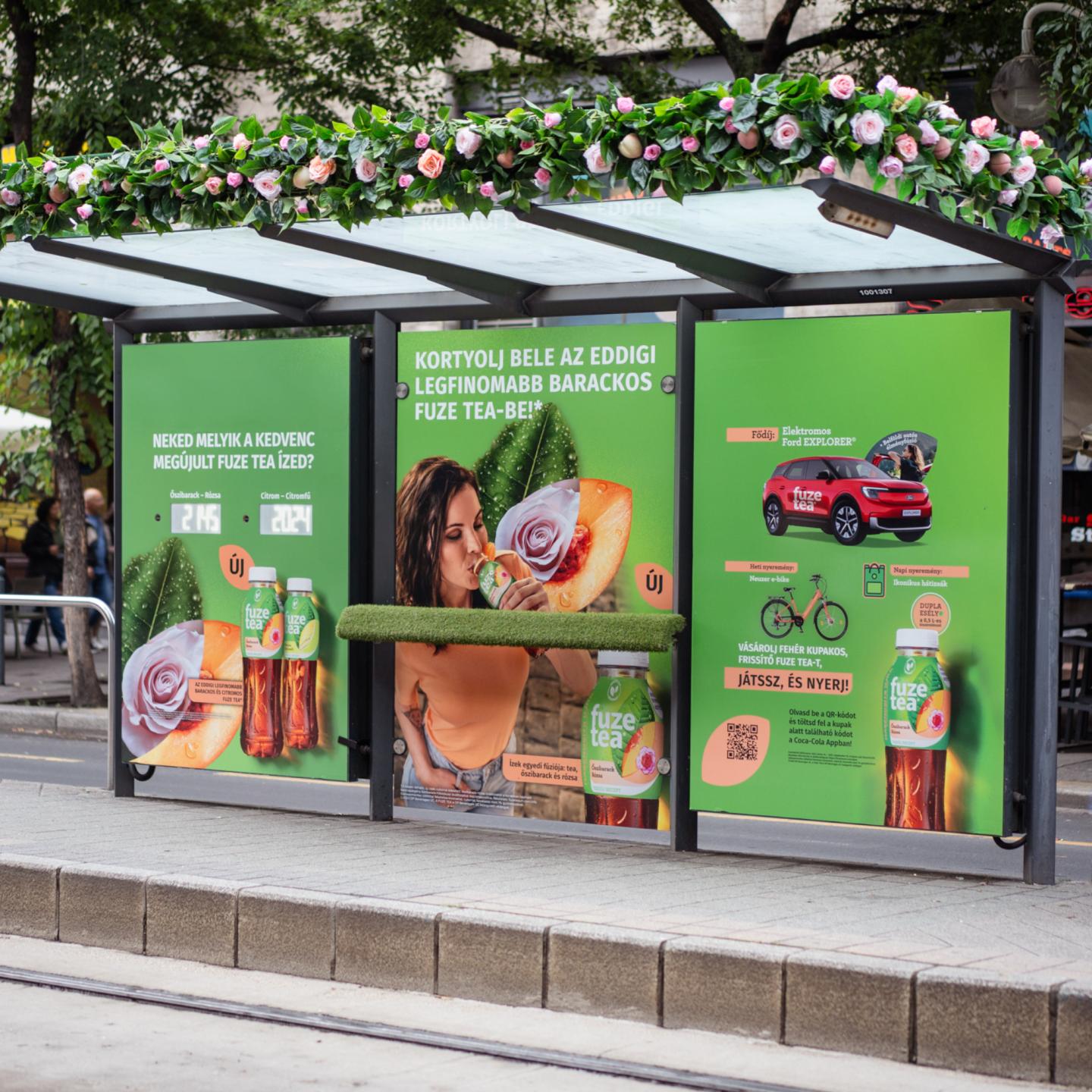 A JCDecaux bus shelter displaying the Fuze Tea campaign in Budapest, Hungary