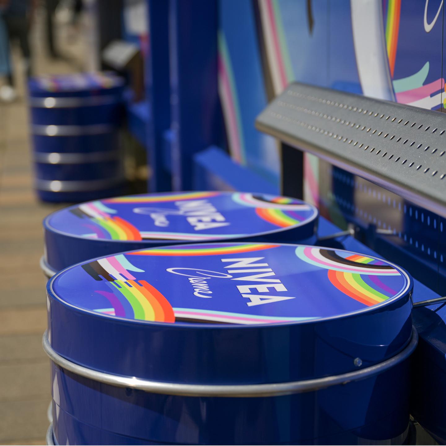 Benches decorated with JCDecaux bus shelters featuring Nivea packaging in Amsterdam