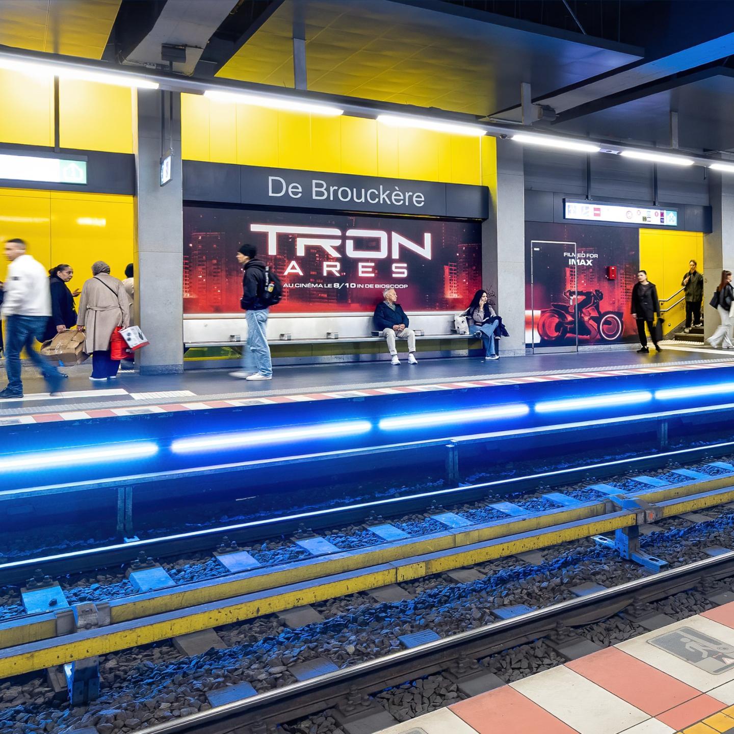 De Brouckère station adorned for Disney movie Tron Ares campaign in partnership with JCDecaux
