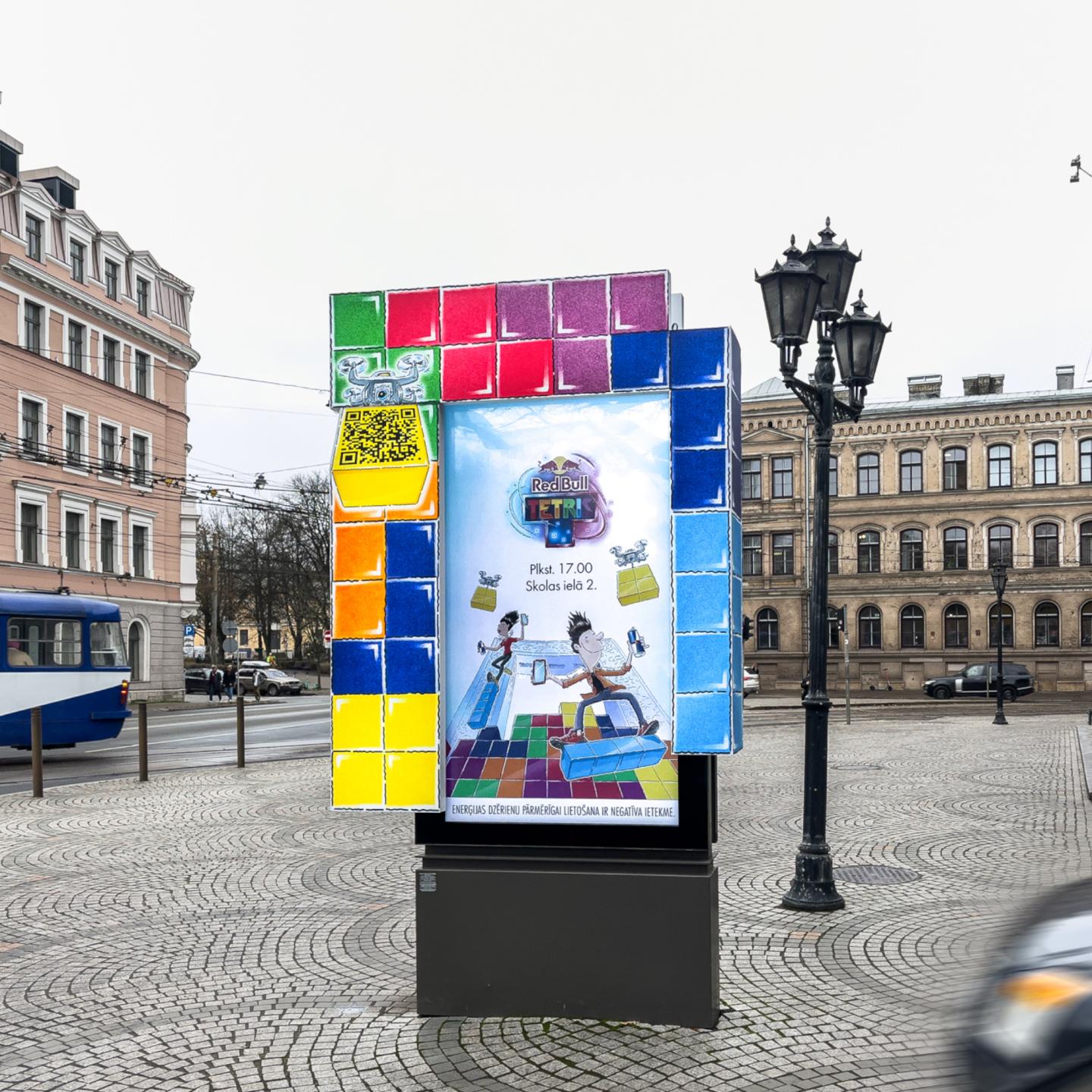 Colourful Red Bull Tetris JCDecaux outdoor advertising brightening Riga streets