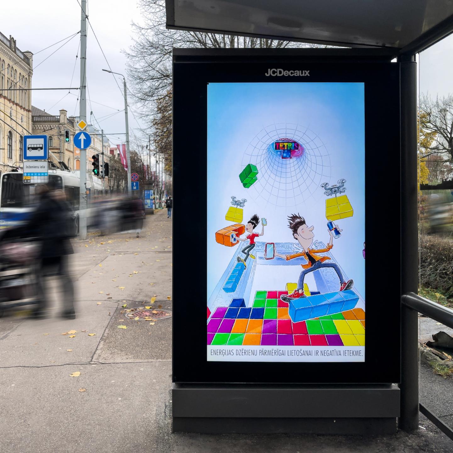 JCDecaux digital screen in Riga showing Red Bull Tetris video campaign