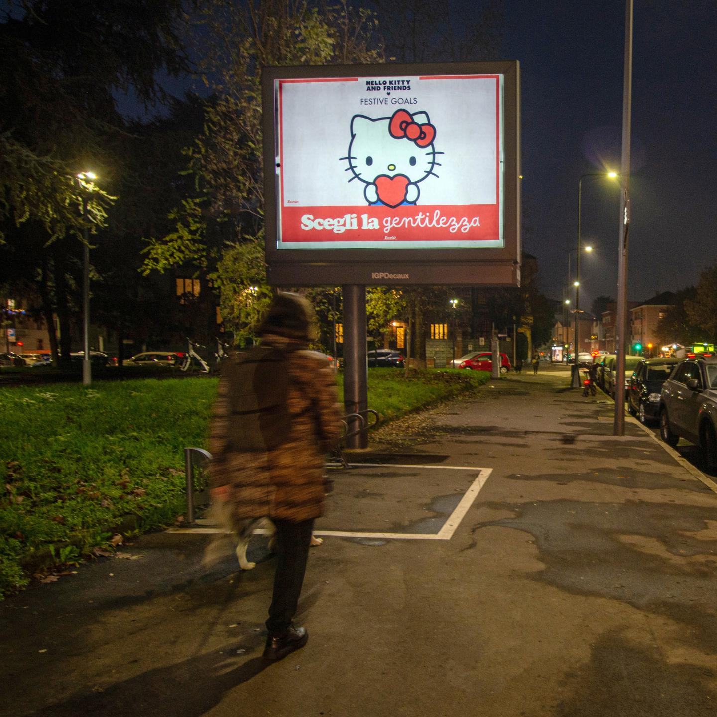Sanrio and JCDecaux turn Milan’s urban network red and kawaii with Hello Kitty “choose kindness” festive messages.