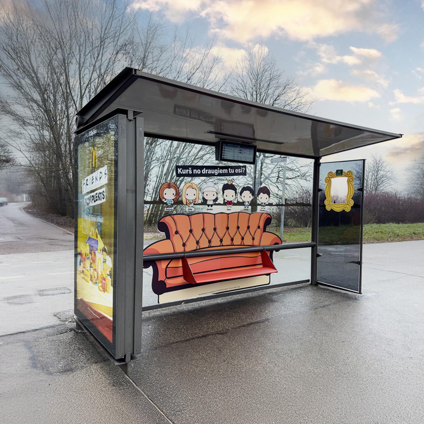 central-perk-themed-bus-shelter-orange-sofa-mcdonalds-latvia