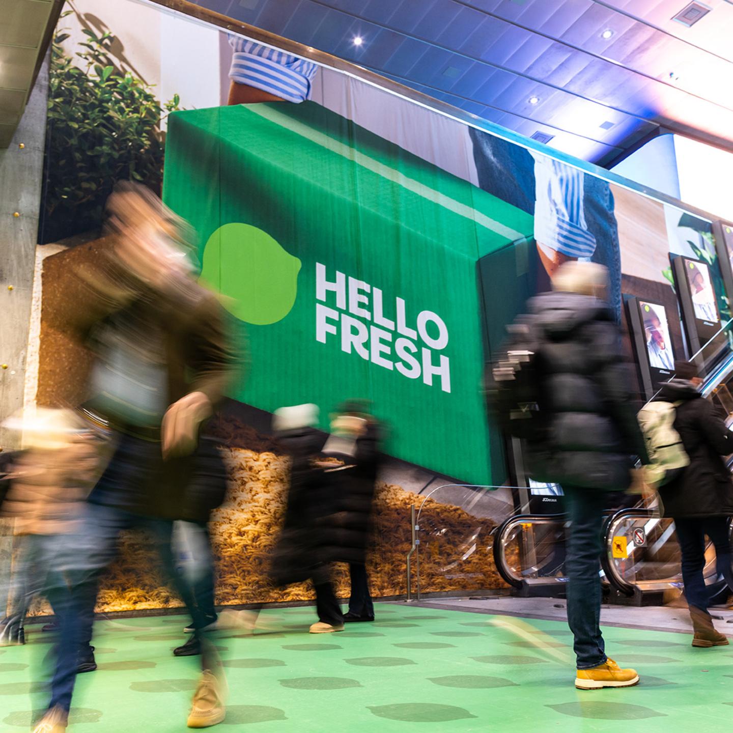 - HelloFresh vibrant out-of-home campaign with JCDecaux at Oslo Central Station, showing colourful food visuals around the escalators as commuters move through the station.