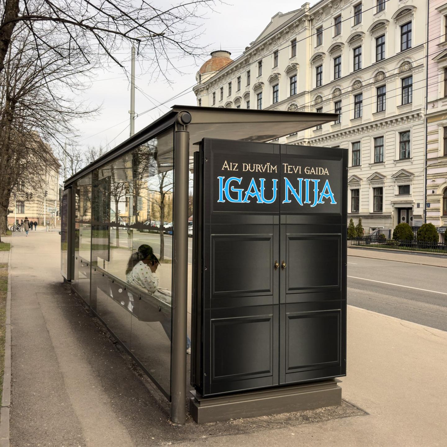 Interactive JCDecaux Latvia bus shelter featuring a full-size Narnia-style wardrobe door for the Visit Estonia tourism campaign