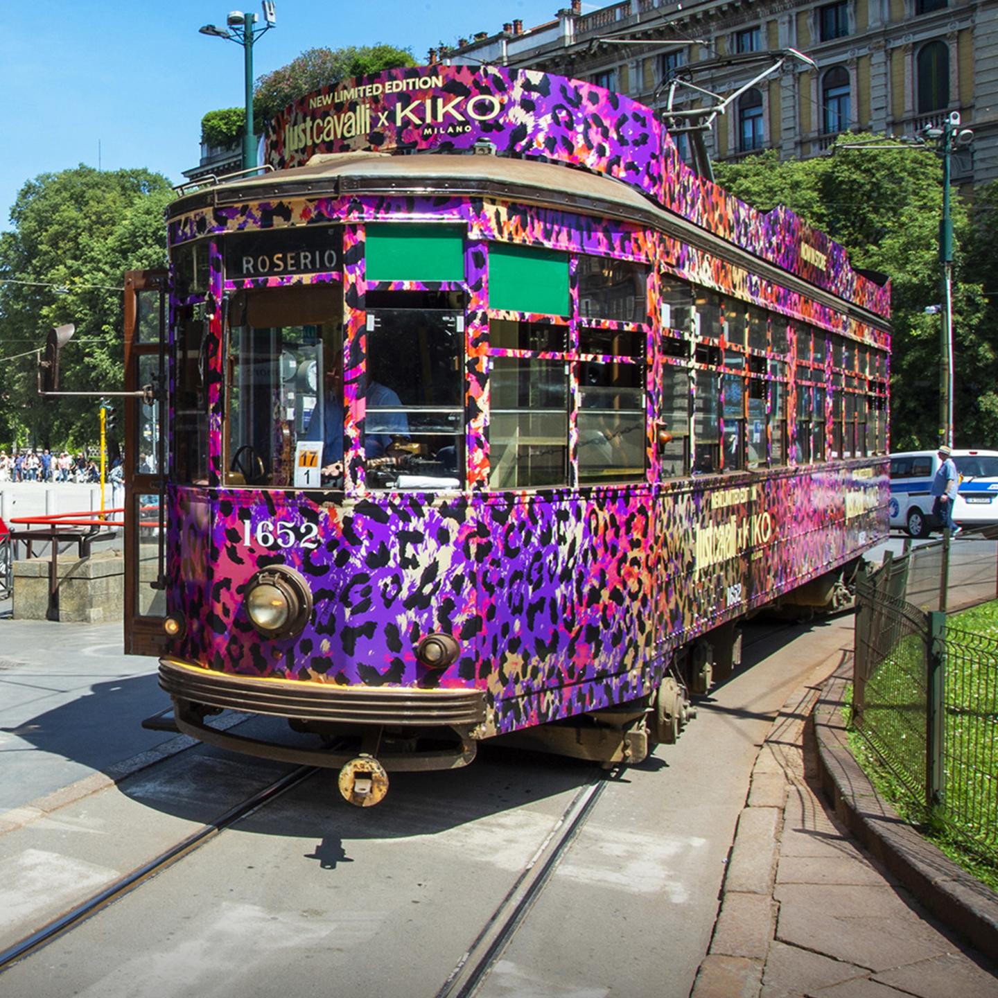 Vintage Milan tram wrapped from top to bottom in Just Cavalli x KIKO Milano leopard colours.
