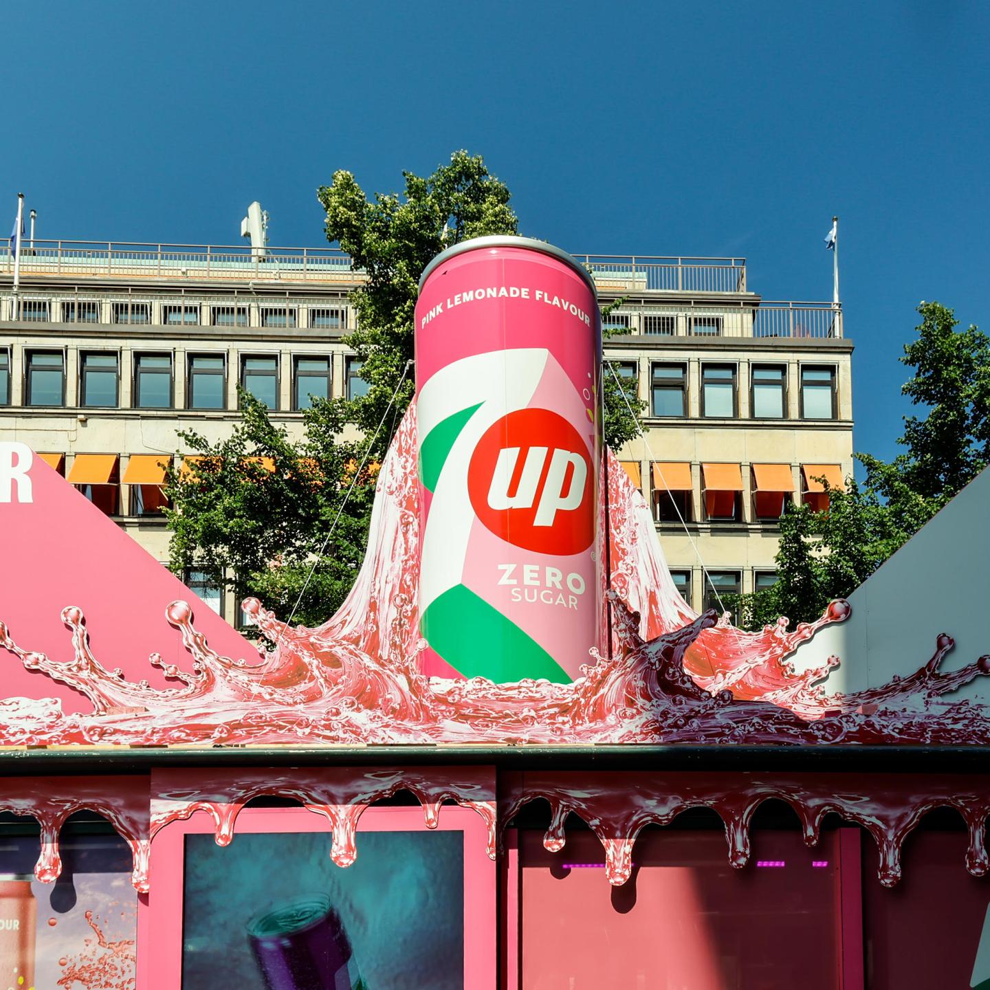 Large-format JCDecaux bus shelter installation featuring 7Up Zero Sugar Pink Lemonade in Stockholm
