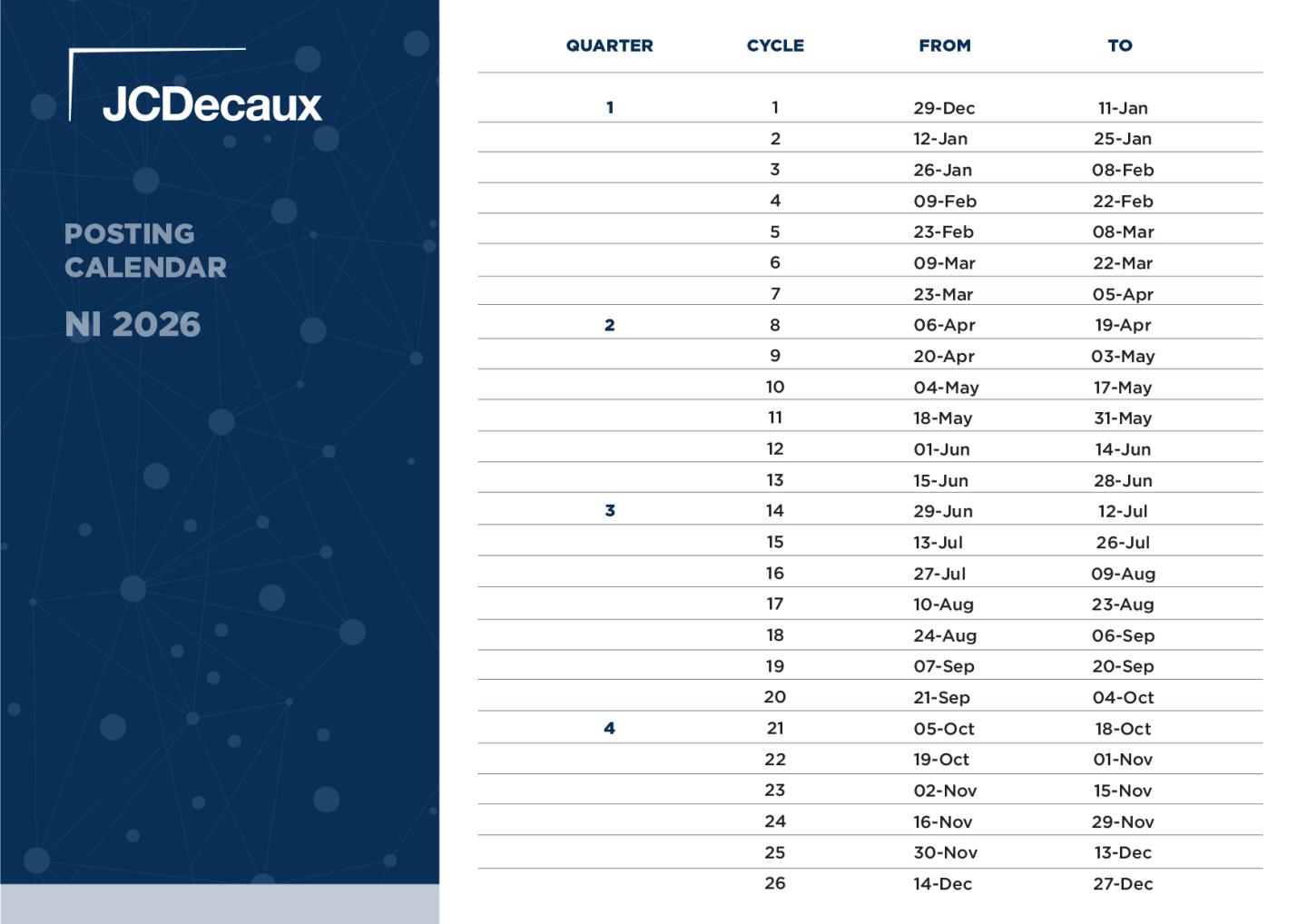 OOH advertising posting calendar 2026