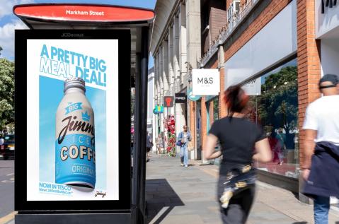 A Digital Out-of-Home advertising campaign from Jimmy's Iced Coffee displayed on a bus shelter in London