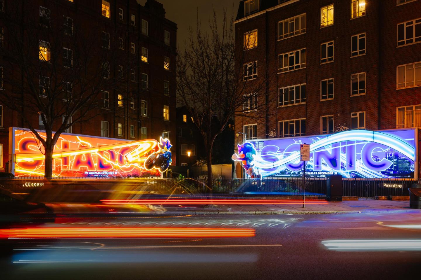 Two backlit billboards in London advertising the Sonic movie