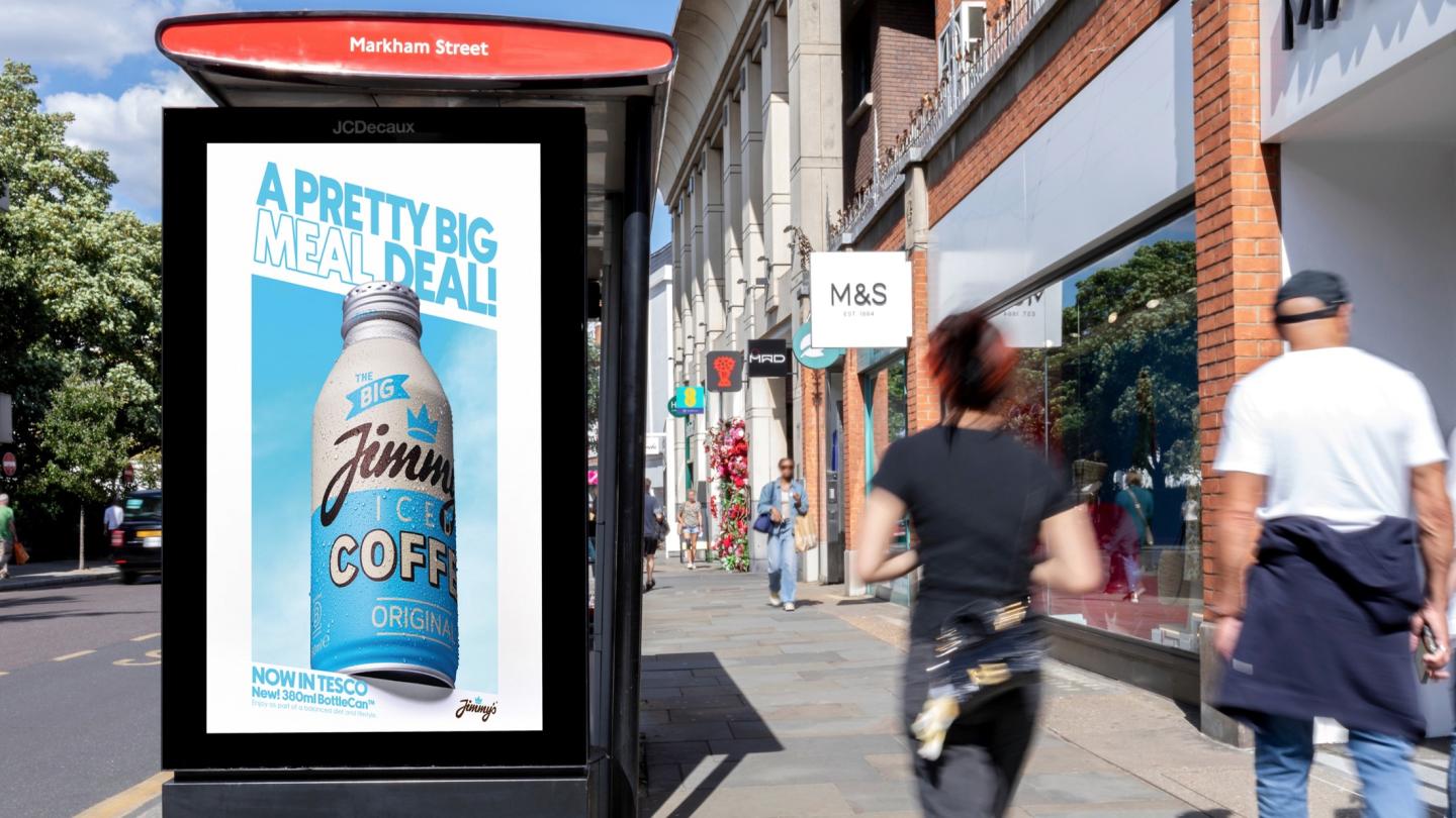 A Digital Out-of-Home advertising campaign from Jimmy's Iced Coffee displayed on a bus shelter in London
