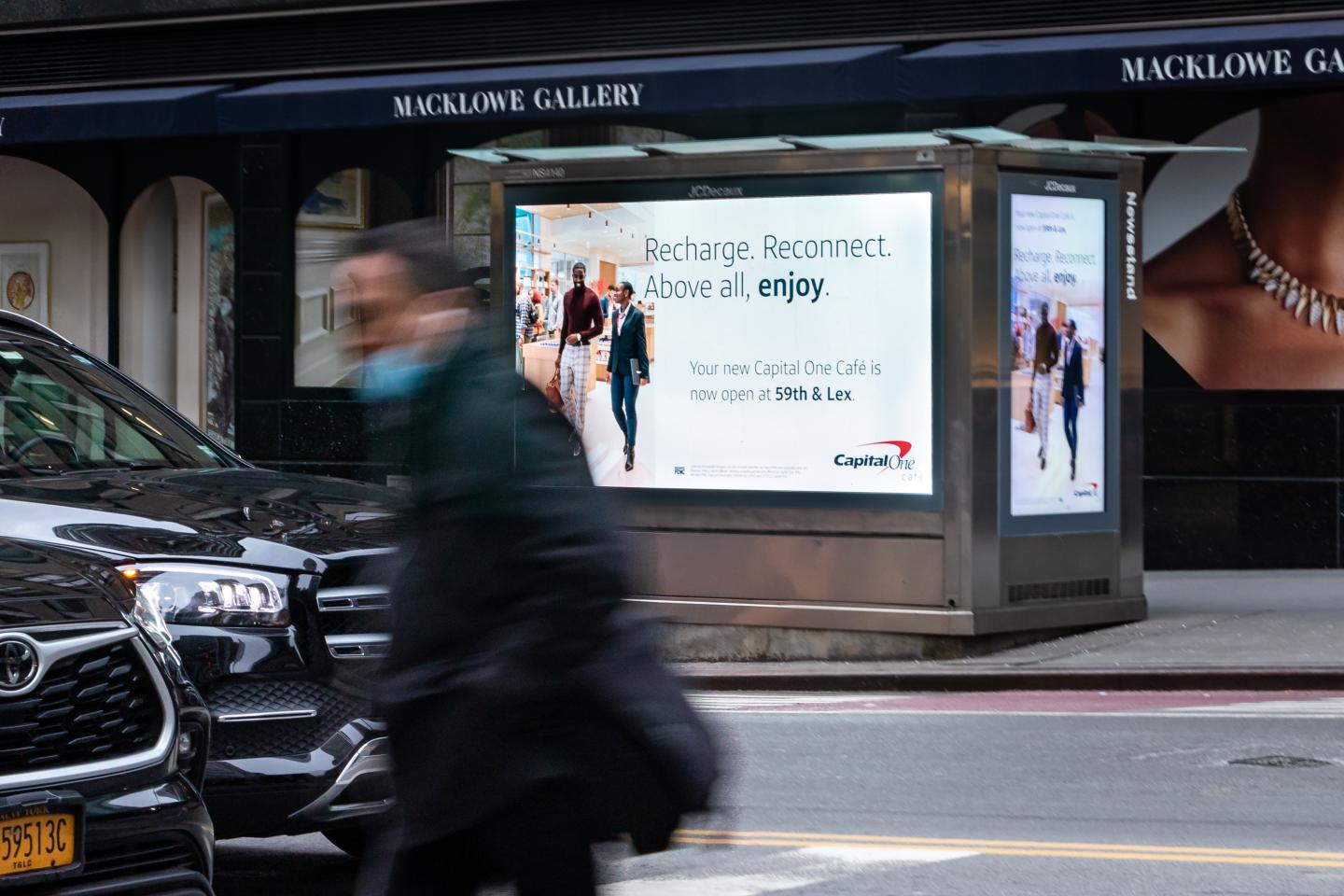 Capital One outdoor advertising on JCDecaux Digital Newsstand in NYC