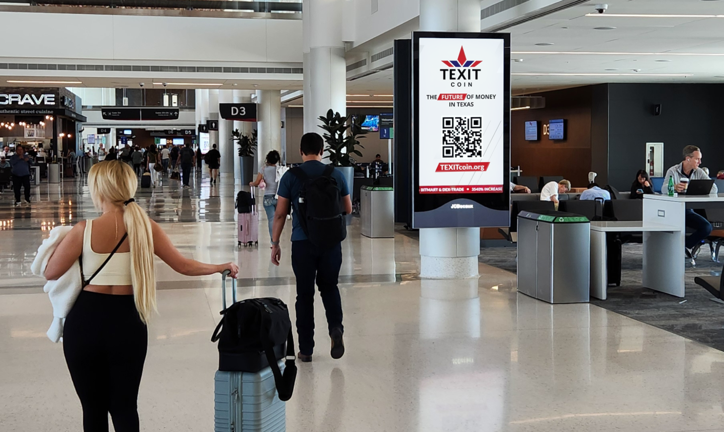 Passengers walk through concourse past PDN screen showing TEXIT ad