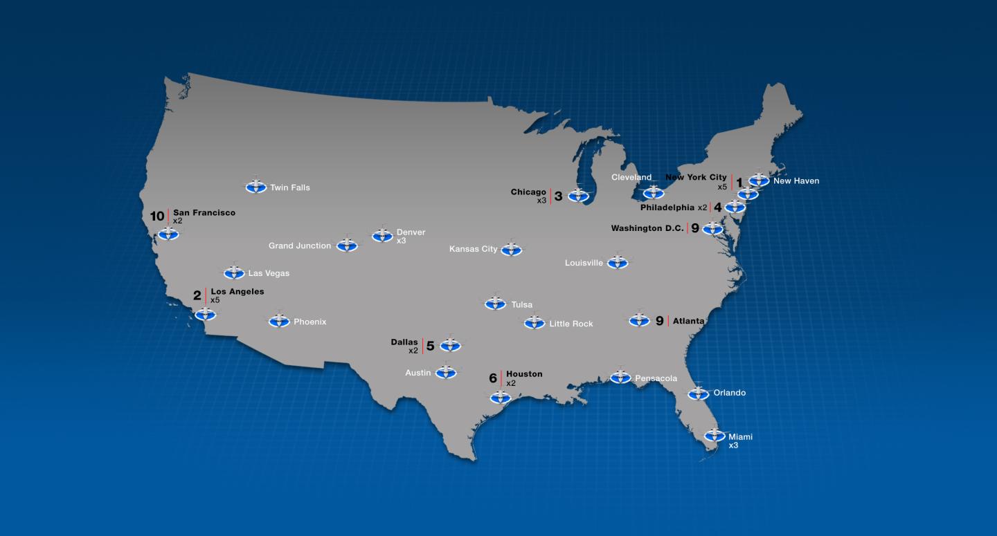 Map of JCDecaux private aviation advertising across the USA, including NYC, Los Angeles, Dallas, Houston, Miami, Orlando, Philadelphia, Denver, Atlanta, Chicago, and more.