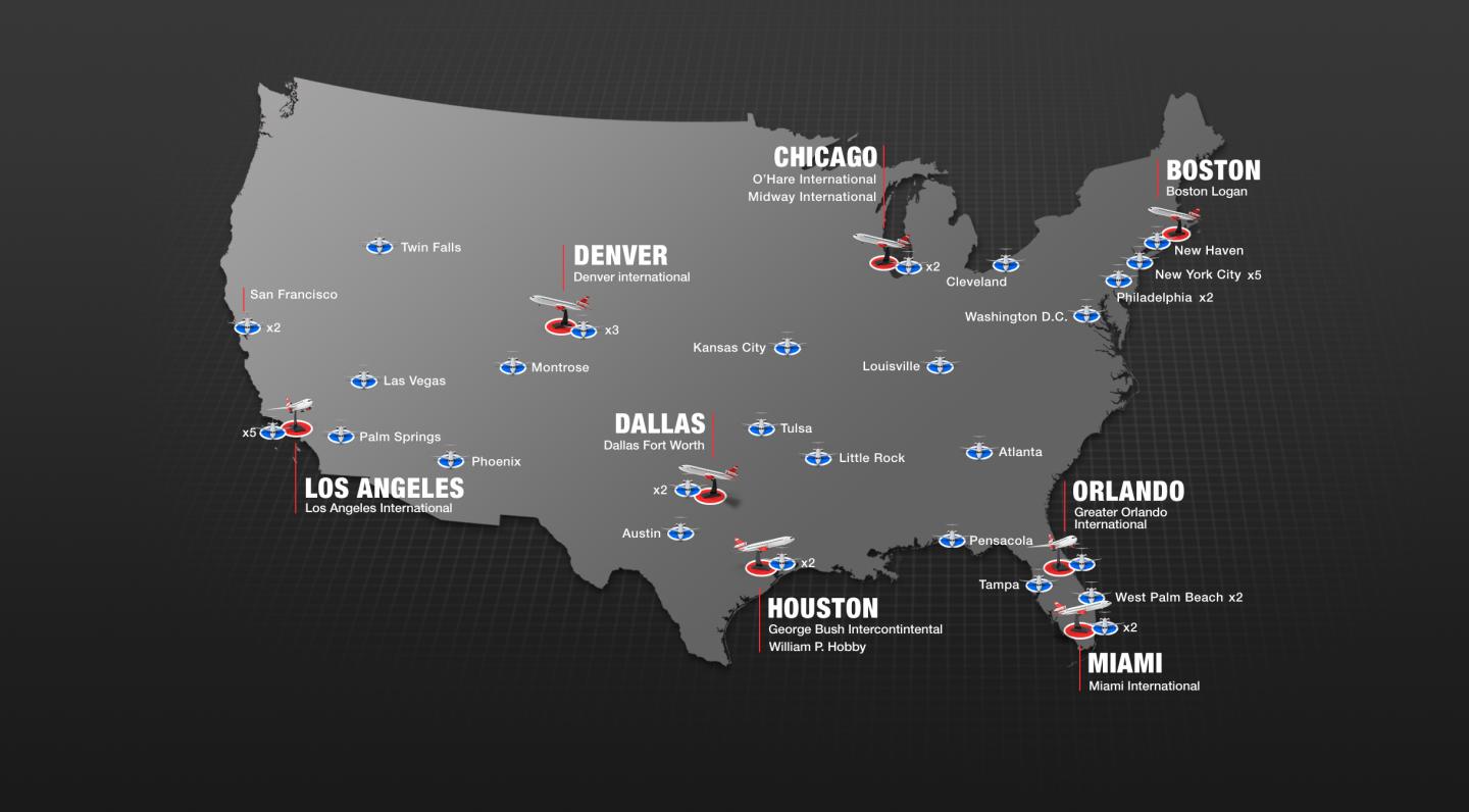 Map of JCDecaux airport advertising across the USA. Commercial airports in Los Angeles, Boston, Miami, Orlando, Dallas, Houston, Chicago and Denver