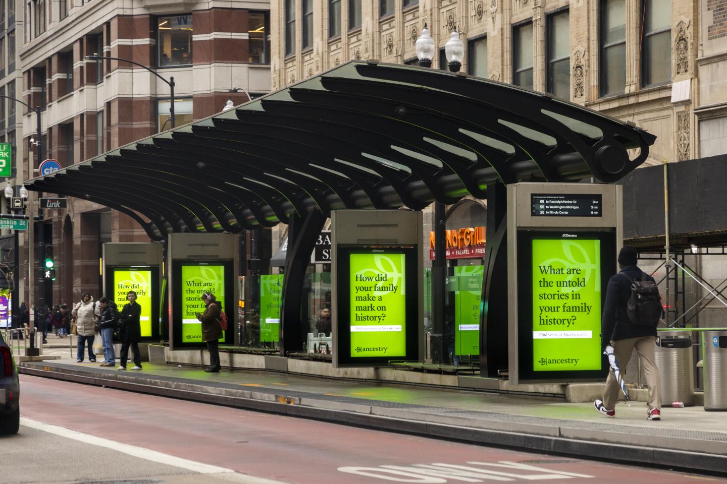 Ancestry JCDecaux OOH Digital Advertising Chicago Premium Synched Shelter