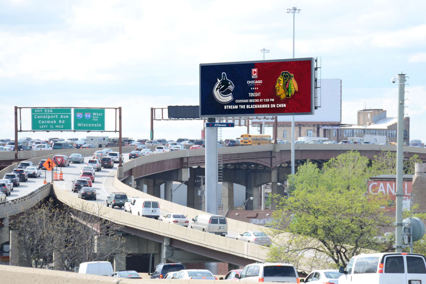 Chicago Digital Billboard Chicago Sports Network Blackhawks vs Vancouver Canucks JCDecaux OOH Advertising